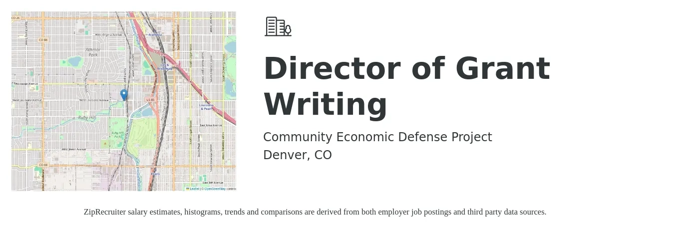 Community Economic Defense Project job posting for a Director of Grant Writing in Denver, CO with a salary of $83,000 Yearly with a map of Denver location.