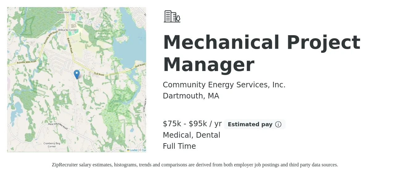 Community Energy Services, Inc. job posting for a Mechanical Project Manager in Dartmouth, MA with a salary of $75,000 to $95,000 Yearly and benefits including pto, retirement, dental, and medical with a map of Dartmouth location.