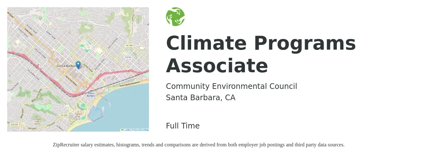COMMUNITY ENVIRONMENTAL COUNCIL job posting for a Climate Programs Associate in Santa Barbara, CA with a salary of $50,000 to $60,000 Yearly with a map of Santa Barbara location.
