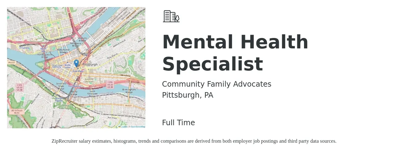 Community Family Advocates job posting for a Mental Health Specialist in Pittsburgh, PA with a salary of $22 to $34 Hourly with a map of Pittsburgh location.