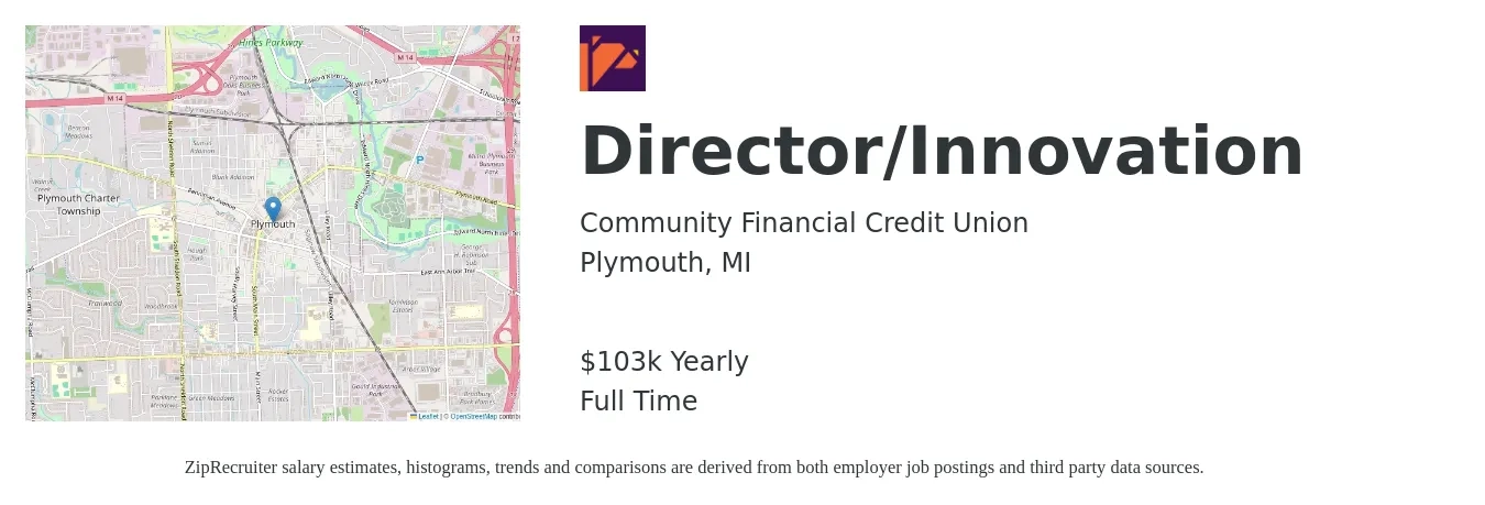 Community Financial Credit Union job posting for a Director/Innovation in Plymouth, MI with a salary of $103,500 Yearly with a map of Plymouth location.