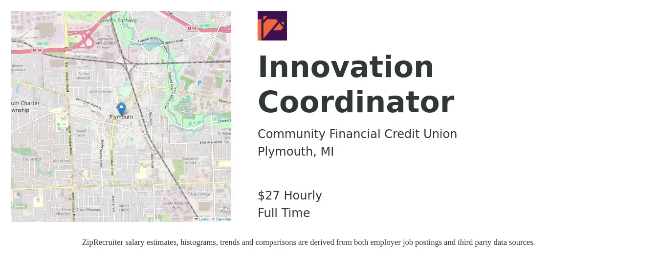 Community Financial Credit Union job posting for a Innovation Coordinator in Plymouth, MI with a salary of $29 Hourly with a map of Plymouth location.