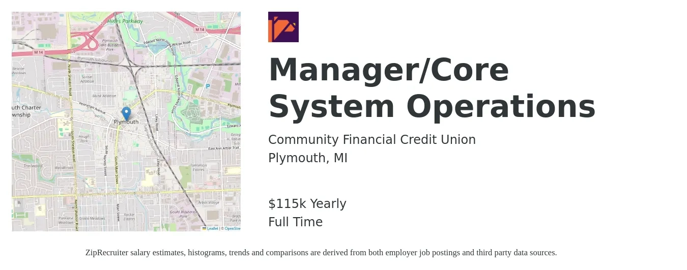 Community Financial Credit Union job posting for a Manager/Core System Operations in Plymouth, MI with a salary of $115,500 Yearly with a map of Plymouth location.
