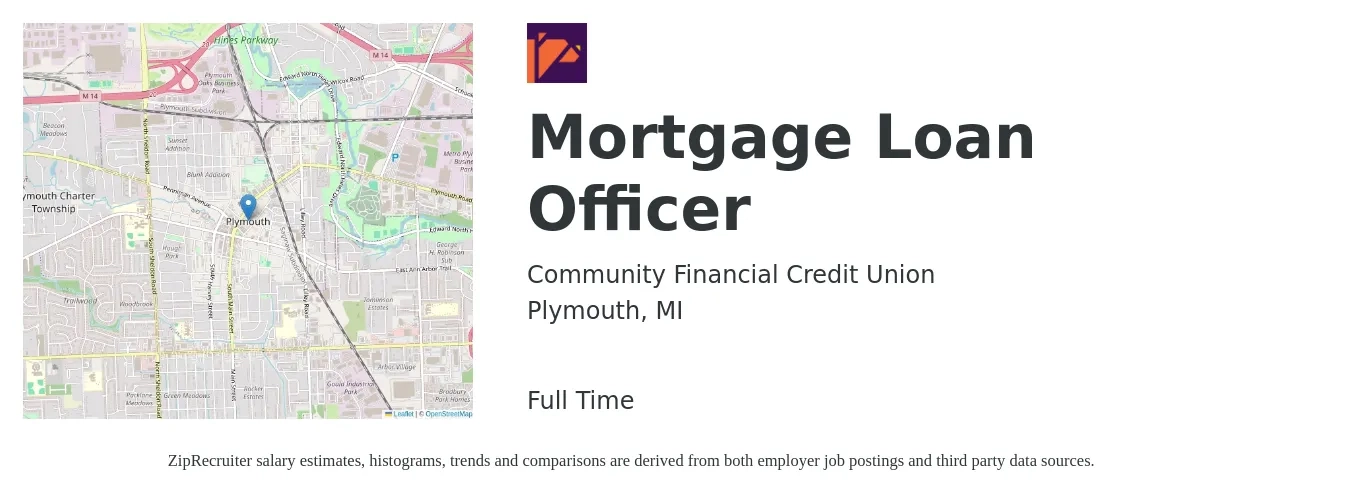 Community Financial Credit Union job posting for a Mortgage Loan Officer in Plymouth, MI with a salary of $49,500 to $95,200 Yearly with a map of Plymouth location.