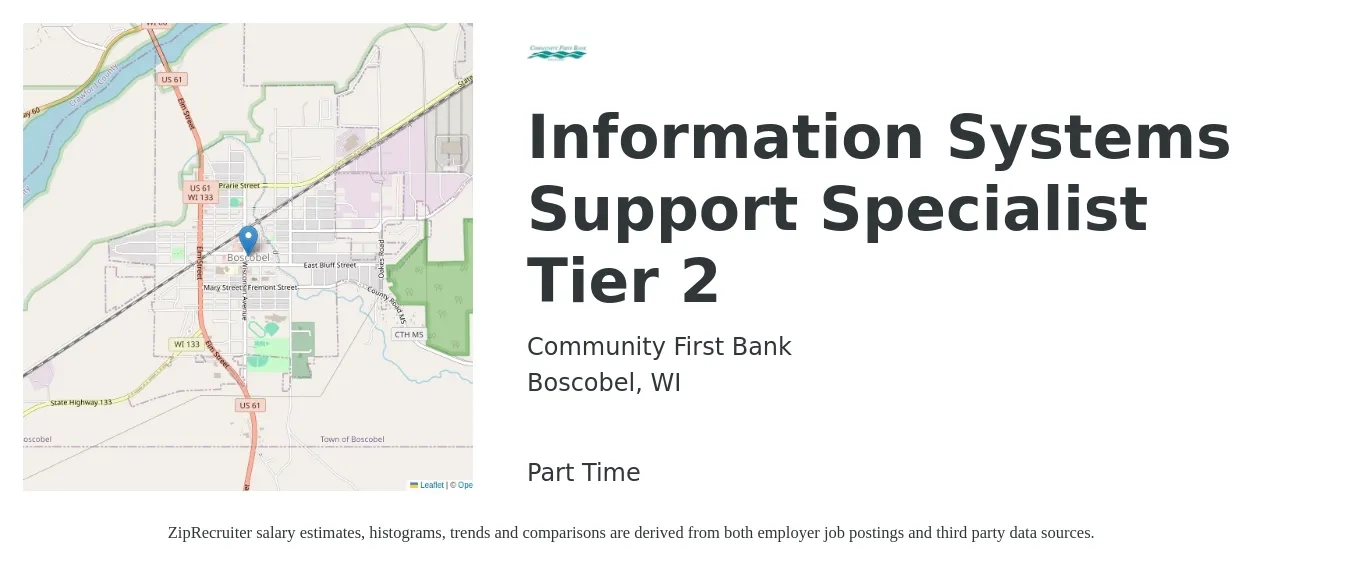 Community First Bank job posting for a Information Systems Support Specialist Tier 2 in Boscobel, WI with a salary of $43,100 to $74,100 Yearly with a map of Boscobel location.