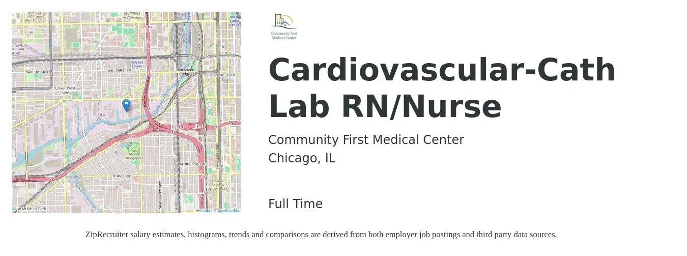 Community First Medical Center job posting for a Cardiovascular-Cath Lab RN/Nurse in Chicago, IL with a salary of $2,530 to $3,440 Weekly with a map of Chicago location.