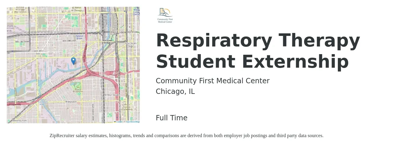 Community First Medical Center job posting for a Respiratory Therapy Student Externship in Chicago, IL with a salary of $32 to $56 Hourly with a map of Chicago location.