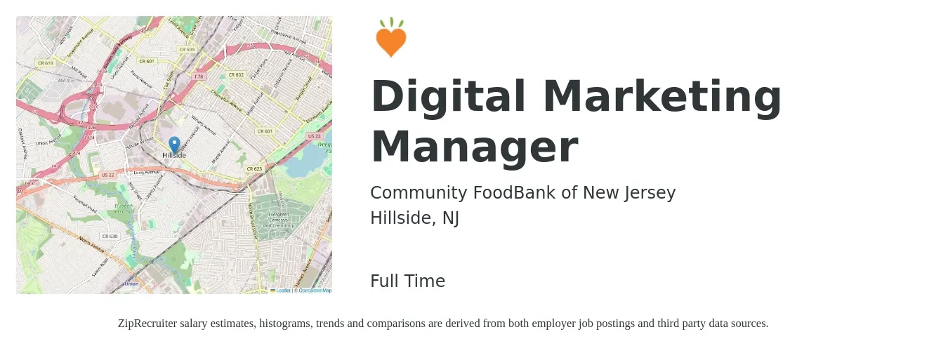 Community FoodBank of New Jersey job posting for a Digital Marketing Manager in Hillside, NJ with a salary of $69,500 to $101,500 Yearly with a map of Hillside location.