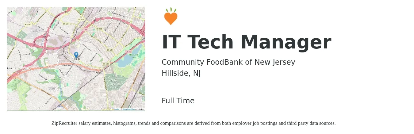 Community FoodBank of New Jersey job posting for a IT Tech Manager in Hillside, NJ with a salary of $38,100 to $55,800 Yearly with a map of Hillside location.