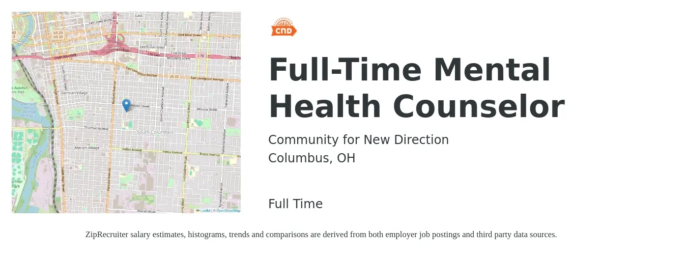 Community for New Direction job posting for a Full-Time Mental Health Counselor in Columbus, OH with a salary of $45,500 to $70,100 Yearly with a map of Columbus location.