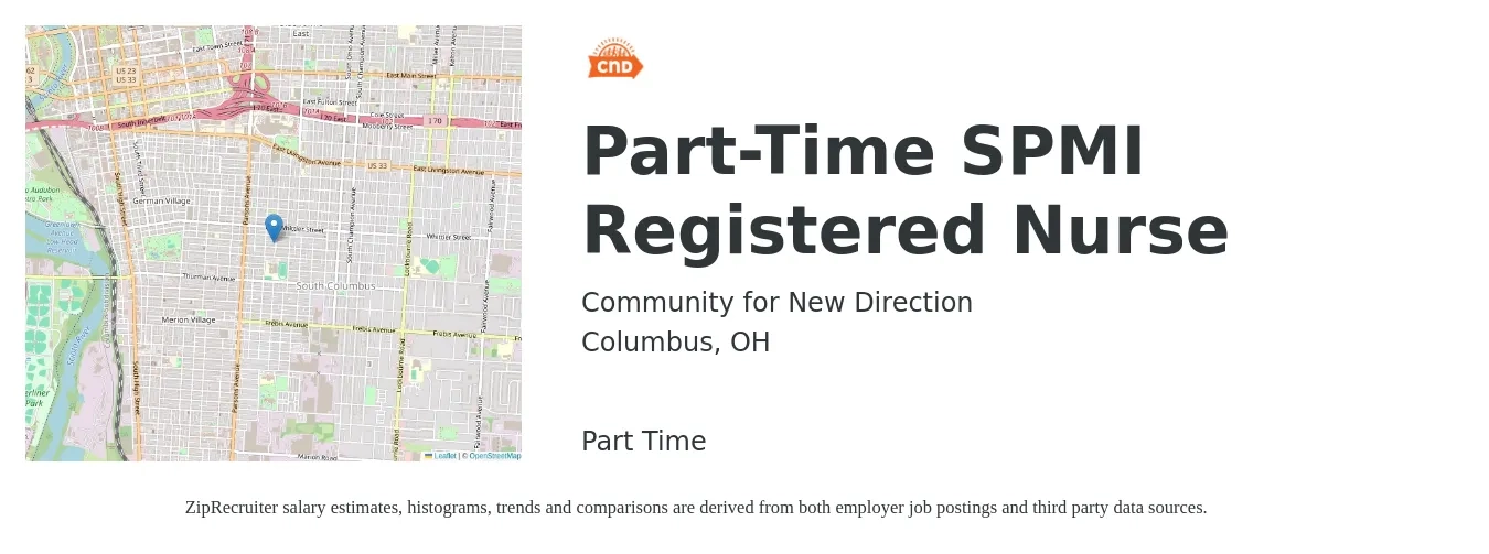 Community for New Direction job posting for a Part-Time SPMI Registered Nurse in Columbus, OH with a salary of $34 to $54 Hourly with a map of Columbus location.