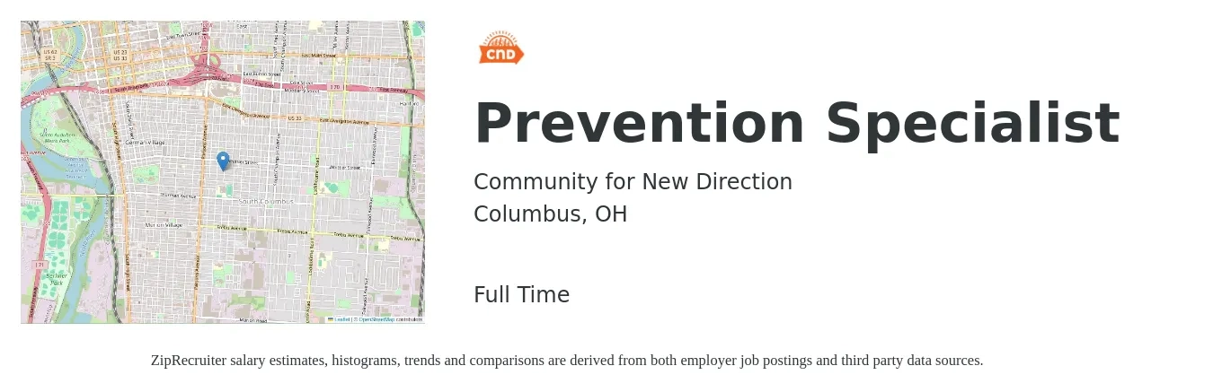 Community for New Direction job posting for a Prevention Specialist in Columbus, OH with a salary of $37,200 to $75,900 Yearly with a map of Columbus location.