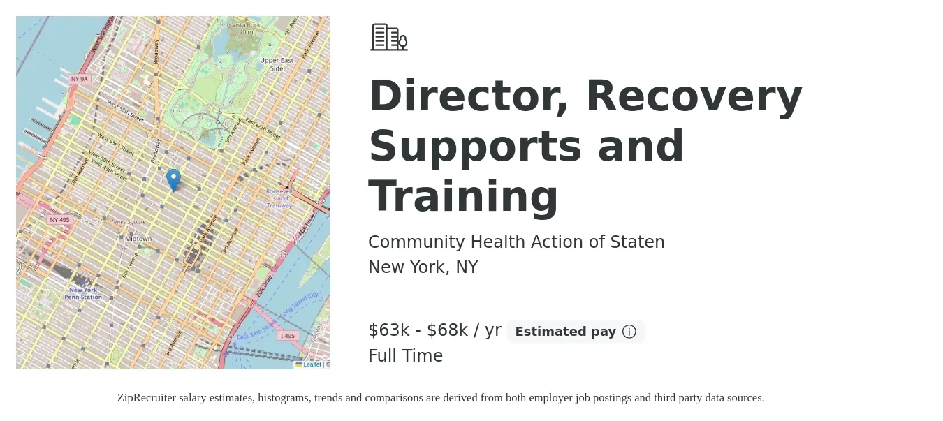 Community Health Action of Staten job posting for a Director, Recovery Supports and Training in New York, NY with a salary of $63,000 to $68,000 Yearly with a map of New York location.