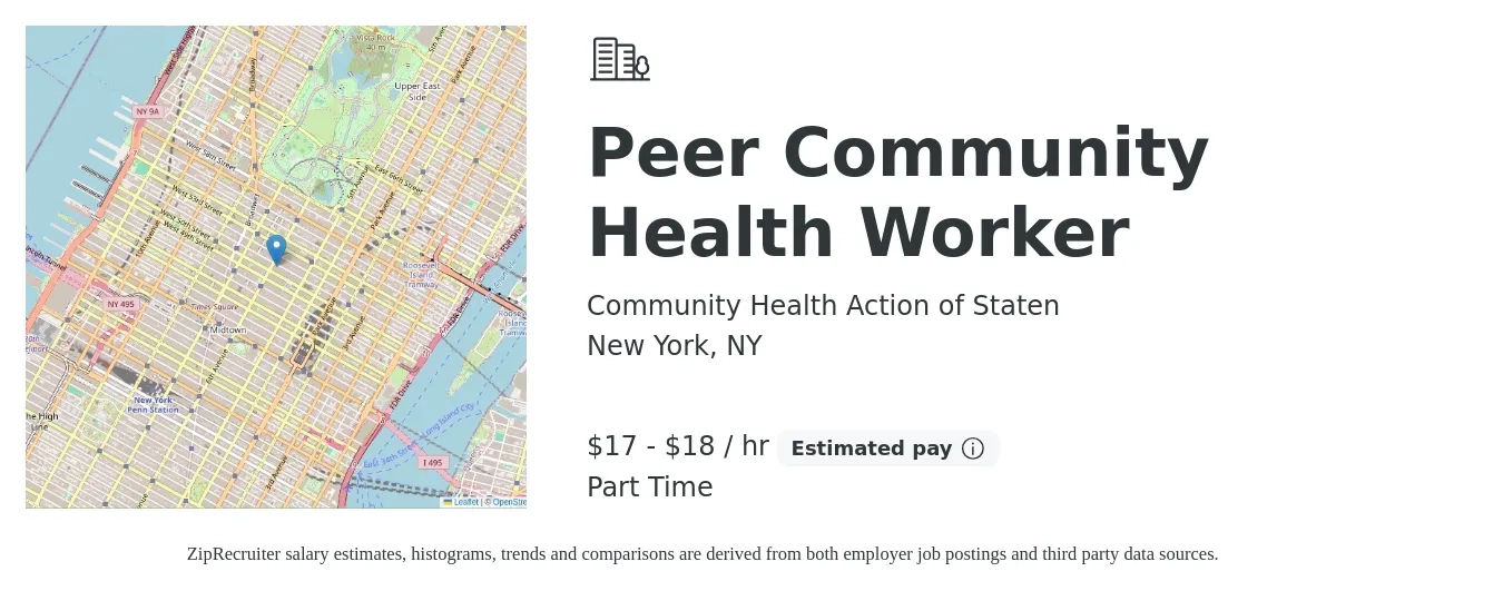 Community Health Action of Staten job posting for a Peer Community Health Worker in New York, NY with a salary of $18 to $19 Hourly with a map of New York location.