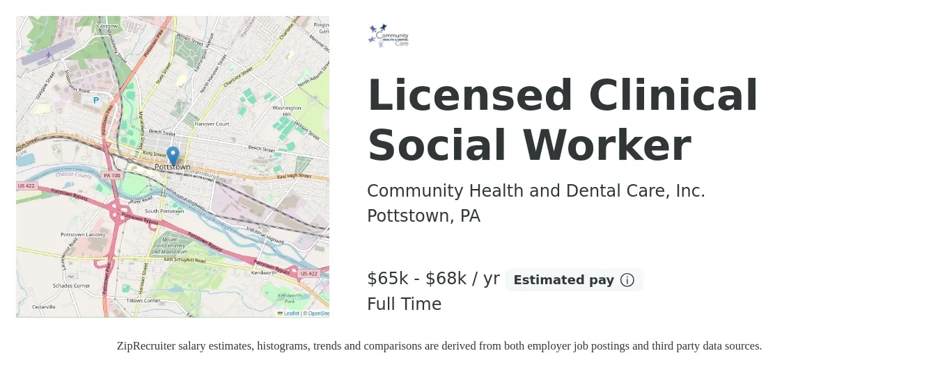 Community Health and Dental Care, Inc. job posting for a Licensed Clinical Social Worker in Pottstown, PA with a salary of $65,000 to $68,000 Yearly with a map of Pottstown location.