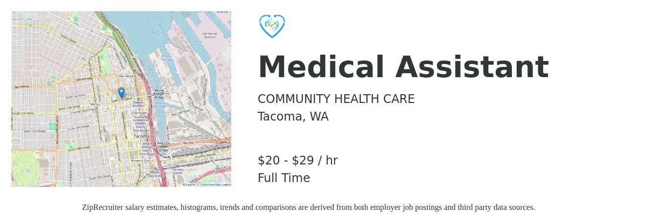 COMMUNITY HEALTH CARE job posting for a Medical Assistant in Tacoma, WA with a salary of $22 to $31 Hourly with a map of Tacoma location.
