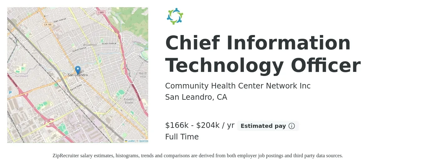 Community Health Center Network Inc job posting for a Chief Information Technology Officer in San Leandro, CA with a salary of $166,200 to $204,000 Yearly with a map of San Leandro location.