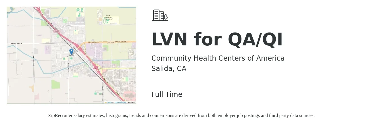 Community Health Centers of America job posting for a LVN for QA/QI in Salida, CA with a salary of $29 to $39 Hourly with a map of Salida location.