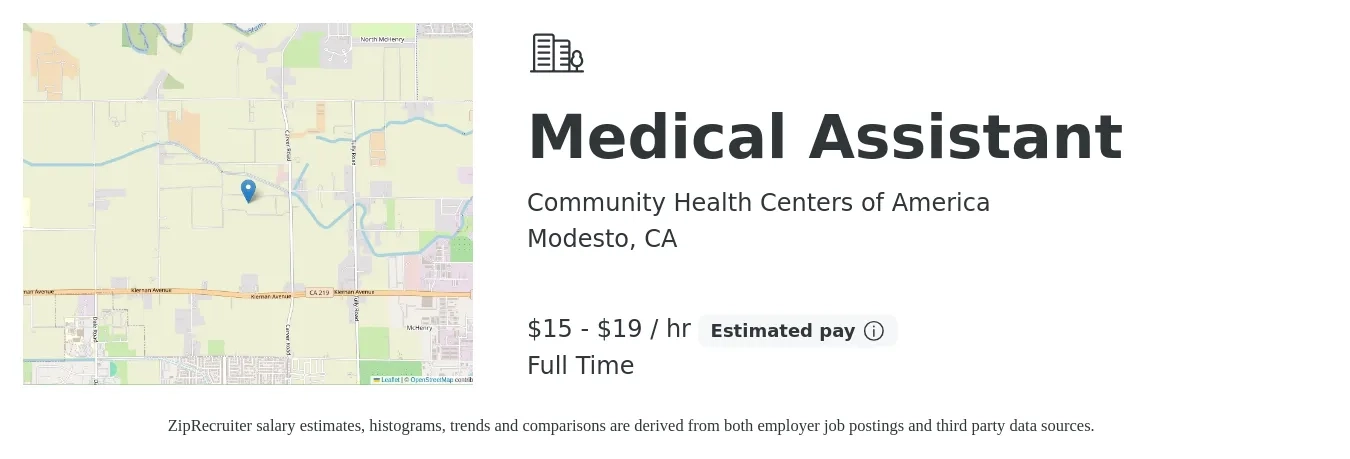 Community Health Centers of America job posting for a Medical Assistant in Modesto, CA with a salary of $16 to $20 Hourly with a map of Modesto location.