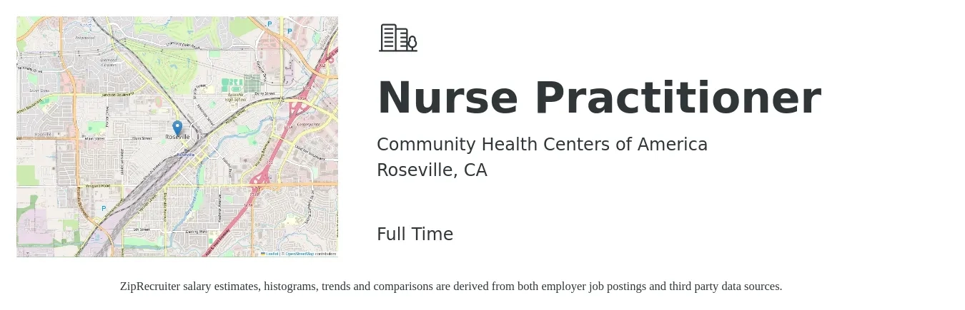 Community Health Centers of America job posting for a Nurse Practitioner in Roseville, CA with a salary of $113,200 to $157,200 Yearly with a map of Roseville location.