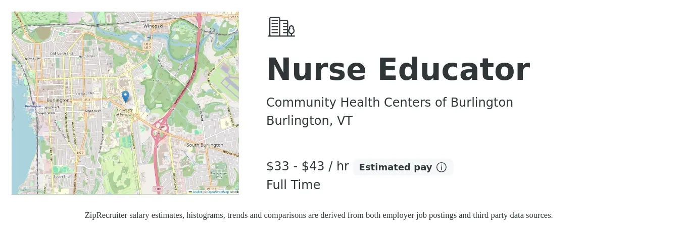 Community Health Centers of Burlington job posting for a Nurse Educator in Burlington, VT with a salary of $35 to $45 Hourly with a map of Burlington location.