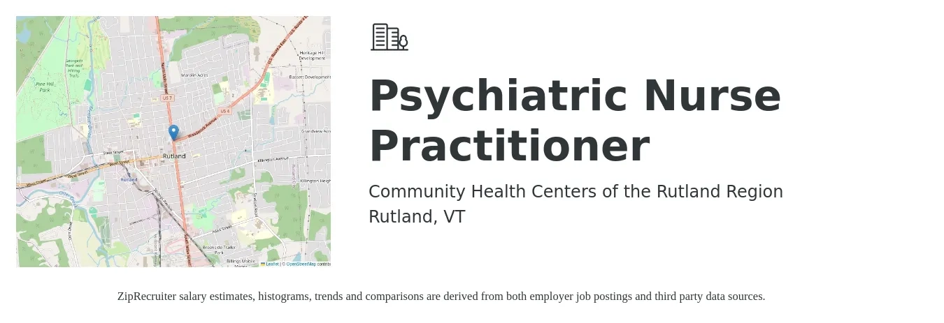 Community Health Centers of the Rutland Region job posting for a Psychiatric Nurse Practitioner in Rutland, VT with a salary of $123,300 to $157,600 Yearly with a map of Rutland location.