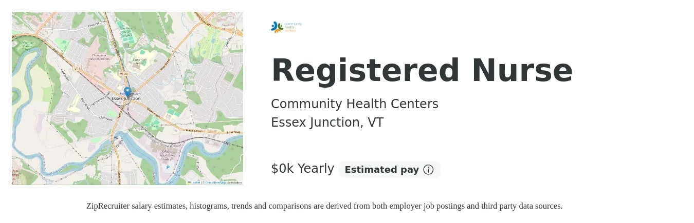 Community Health Centers job posting for a Registered Nurse in Essex Junction, VT with a salary of $33 to $42 Yearly with a map of Essex Junction location.