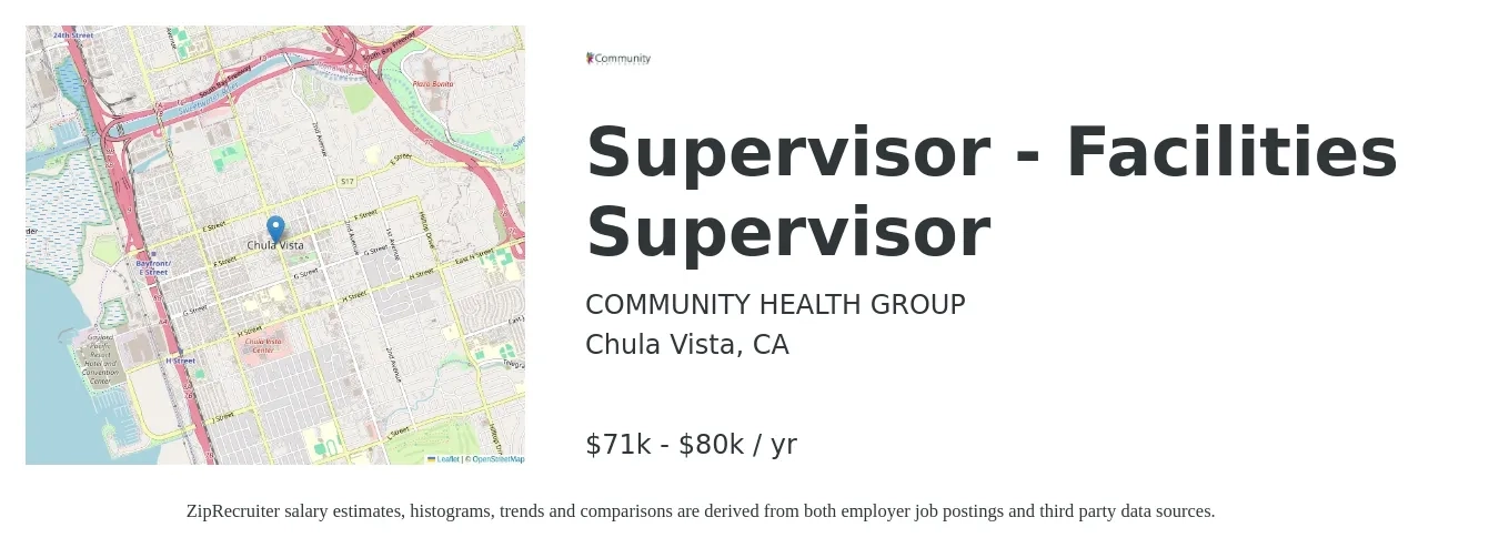 Community Health Group job posting for a Supervisor - Facilities Supervisor in Chula Vista, CA with a salary of $71,189 to $80,088 Yearly and benefits including medical, pto, retirement, vision, dental, and life_insurance with a map of Chula Vista location.