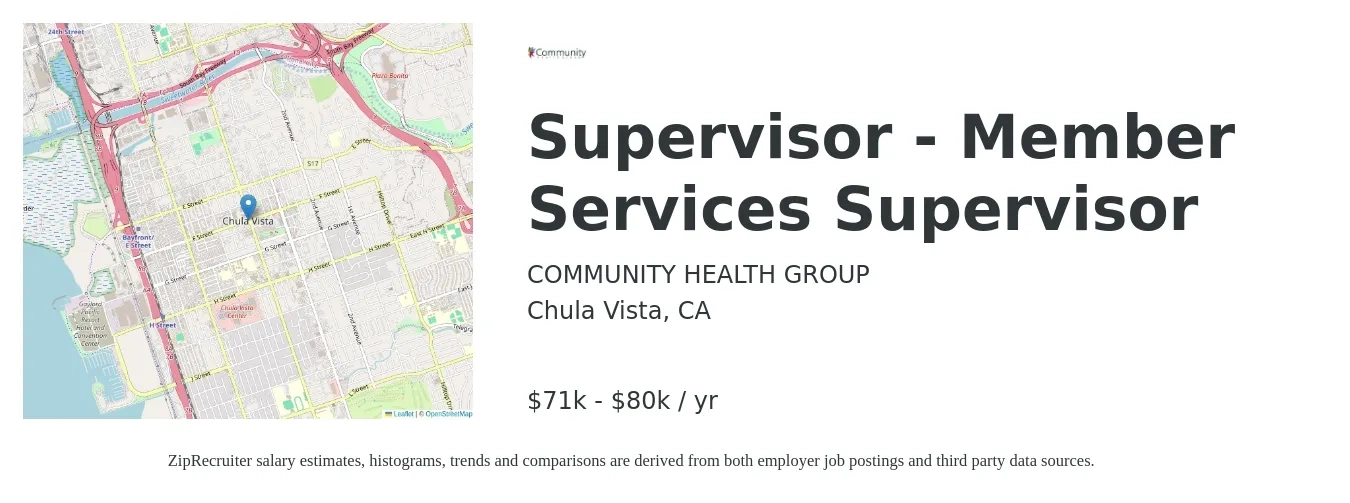 COMMUNITY HEALTH GROUP job posting for a Supervisor - Member Services Supervisor in Chula Vista, CA with a salary of $71,189 to $80,088 Yearly with a map of Chula Vista location.
