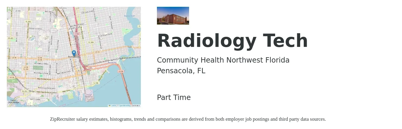 Community Health Northwest Florida job posting for a Radiology Tech in Pensacola, FL with a salary of $31 to $56 Hourly with a map of Pensacola location.