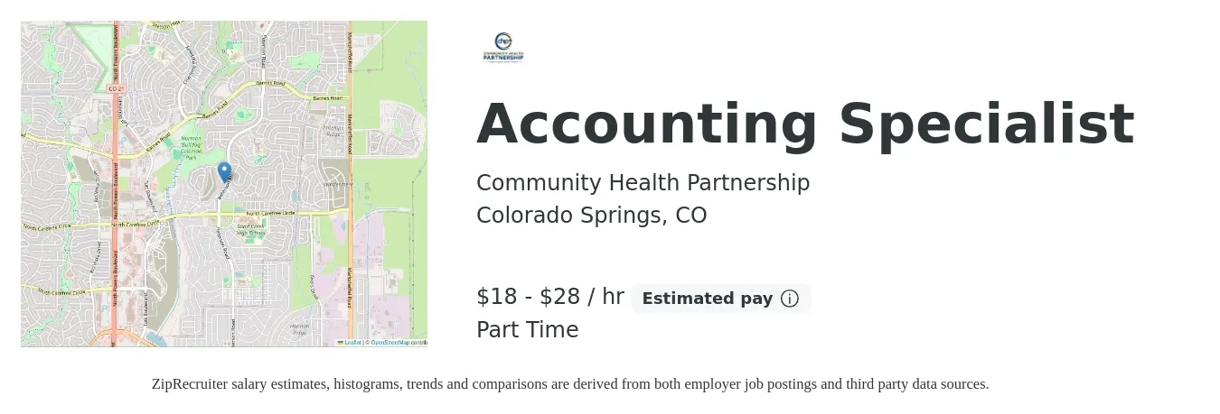 Community Health Partnership job posting for a Accounting Specialist in Colorado Springs, CO with a salary of $19 to $30 Hourly with a map of Colorado Springs location.
