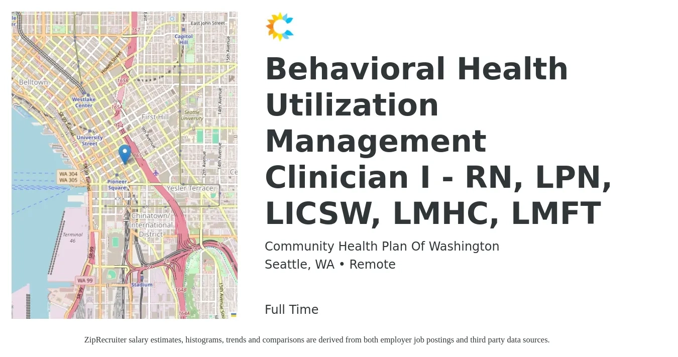Community Health Plan of Washington job posting for a Behavioral Health Utilization Management Clinician I - RN, LPN, LICSW, LMHC, LMFT in Seattle, WA with a map of Seattle location.