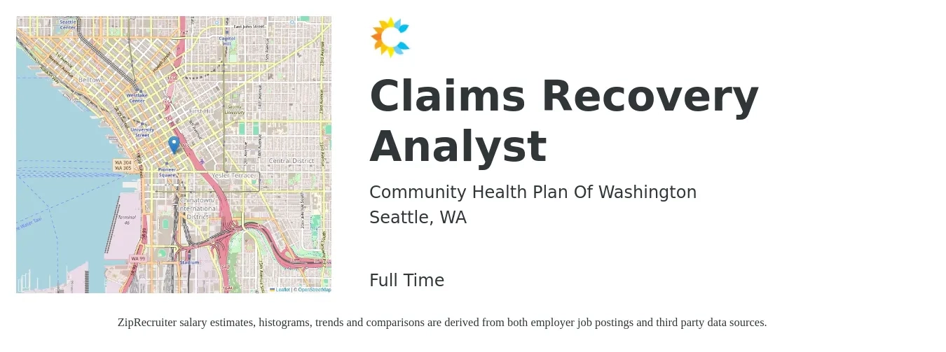 Community Health Plan of Washington job posting for a Claims Recovery Analyst in Seattle, WA with a salary of $24 to $37 Hourly with a map of Seattle location.