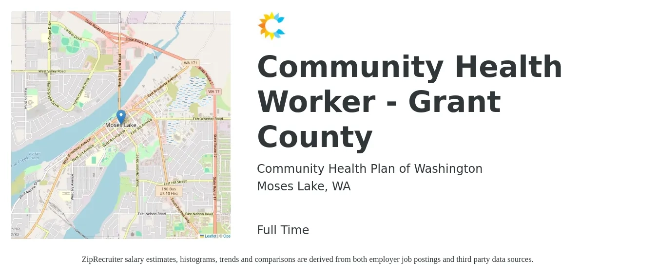 Community Health Plan of Washington job posting for a Community Health Worker - Grant County in Moses Lake, WA with a salary of $20 to $26 Hourly with a map of Moses Lake location.