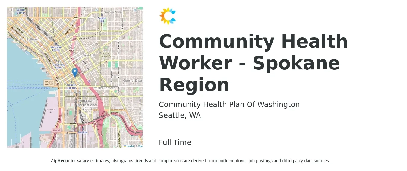 Community Health Plan of Washington job posting for a Community Health Worker - Spokane Region in Seattle, WA with a salary of $22 to $28 Hourly with a map of Seattle location.