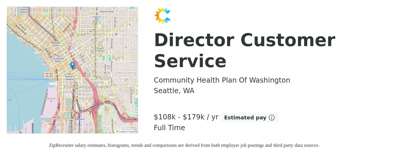 Community Health Plan of Washington job posting for a Director Customer Service in Seattle, WA with a salary of $108,100 to $167,900 Yearly with a map of Seattle location.