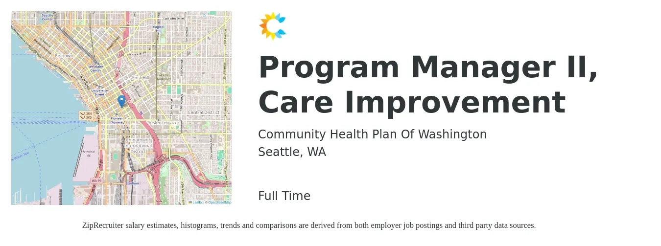 Community Health Plan of Washington job posting for a Program Manager II, Care Improvement in Seattle, WA with a salary of $90,500 to $150,800 Yearly with a map of Seattle location.