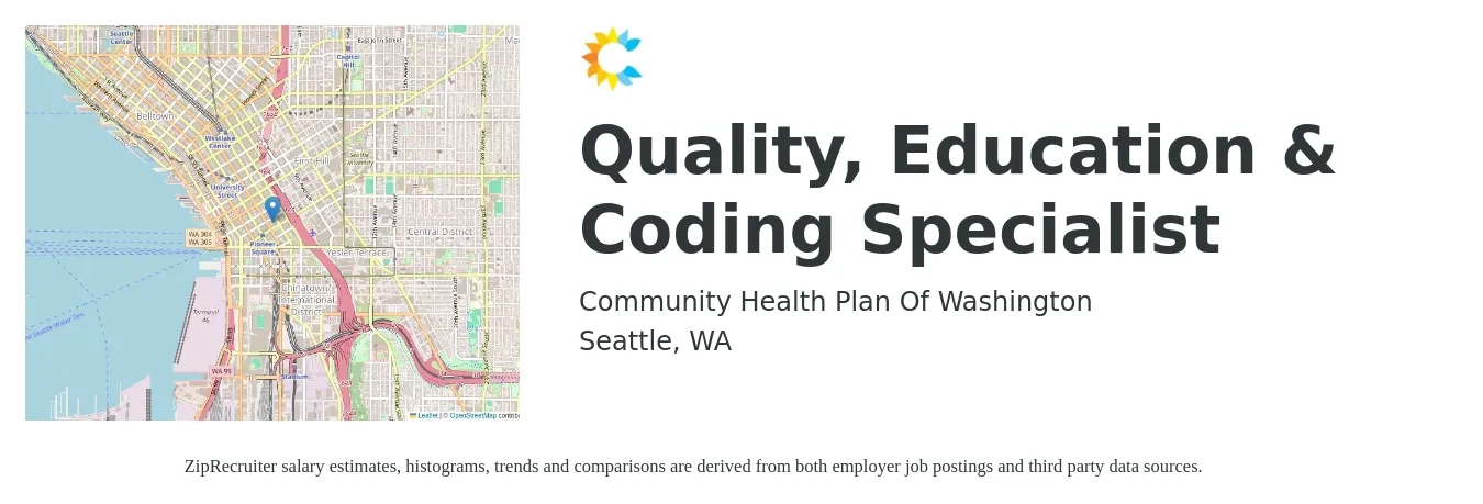 Community Health Plan of Washington job posting for a Quality, Education & Coding Specialist in Seattle, WA with a salary of $26 to $39 Hourly with a map of Seattle location.