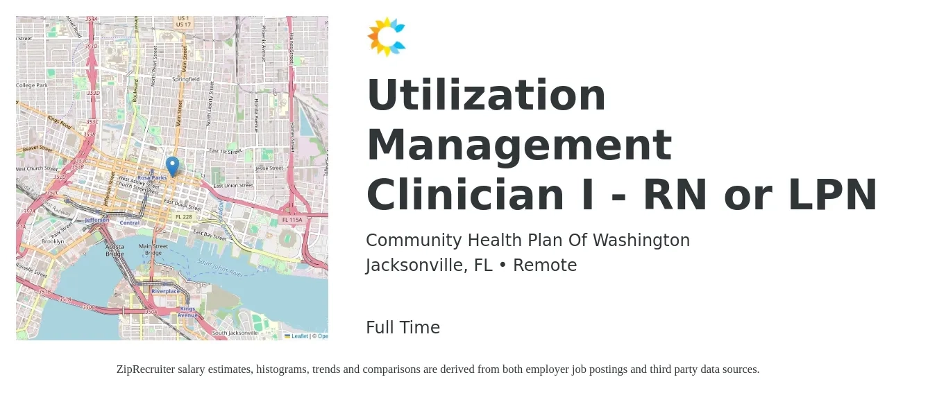 Community Health Plan of Washington job posting for a Utilization Management Clinician I - RN or LPN in Jacksonville, FL with a salary of $32 to $47 Hourly with a map of Jacksonville location.