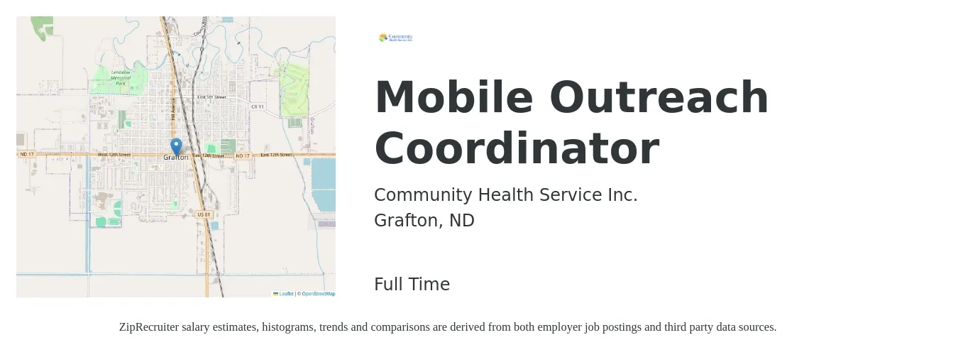 Community Health Service Inc. job posting for a Mobile Outreach Coordinator in Grafton, ND with a salary of $23 to $32 Hourly with a map of Grafton location.