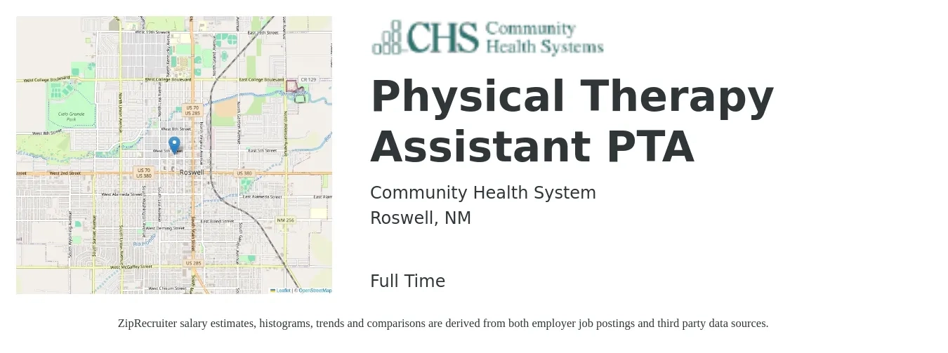 Community Health System job posting for a Physical Therapy Assistant PTA in Roswell, NM with a salary of $28 to $37 Hourly with a map of Roswell location.