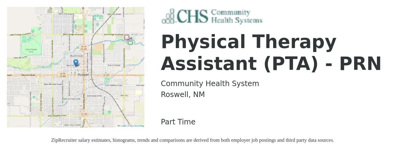 Community Health System job posting for a Physical Therapy Assistant PTA PRN in Roswell, NM with a salary of $28 to $37 Hourly with a map of Roswell location.