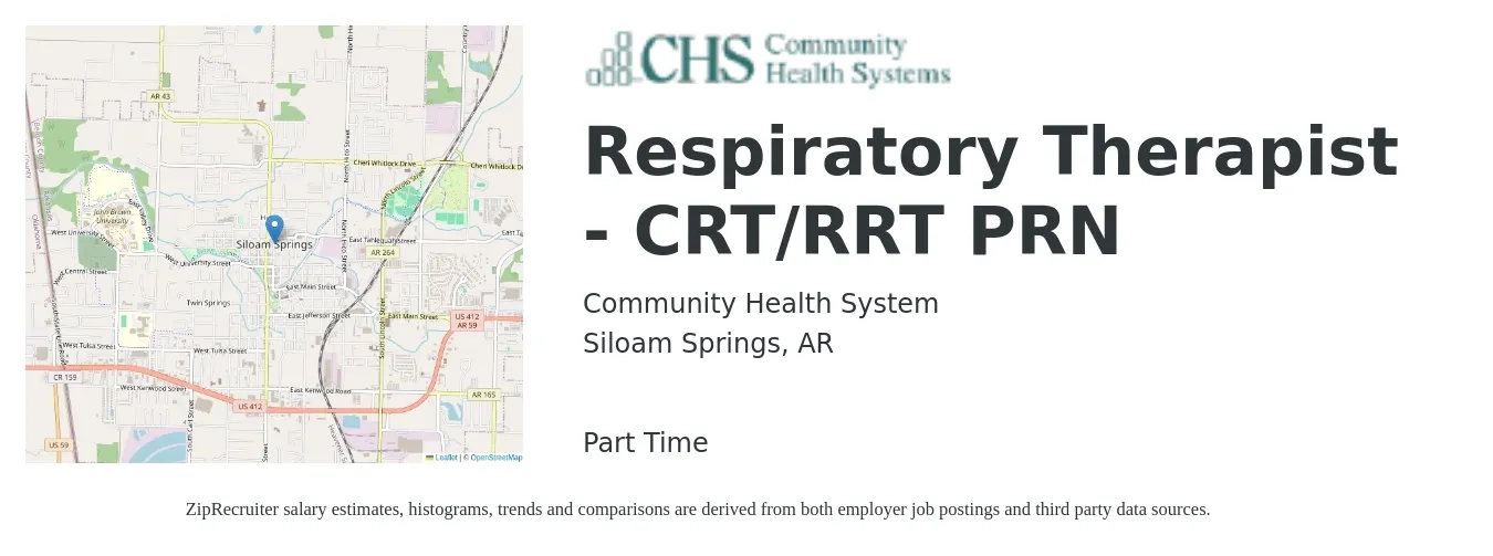Community Health System job posting for a Respiratory Therapist - CRT/RRT PRN in Siloam Springs, AR with a salary of $25 to $44 Hourly with a map of Siloam Springs location.