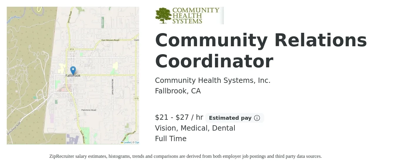 Community Health Systems, Inc. job posting for a Community Relations Coordinator in Fallbrook, CA with a salary of $22 to $29 Hourly and benefits including dental, life_insurance, medical, and vision with a map of Fallbrook location.