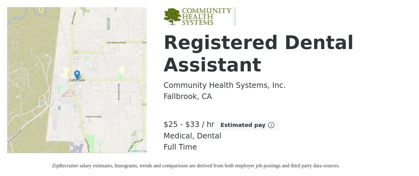 Community Health Systems, Inc. job posting for a Registered Dental Assistant in Fallbrook, CA with a salary of $27 to $35 Hourly and benefits including medical, dental, and life_insurance with a map of Fallbrook location.