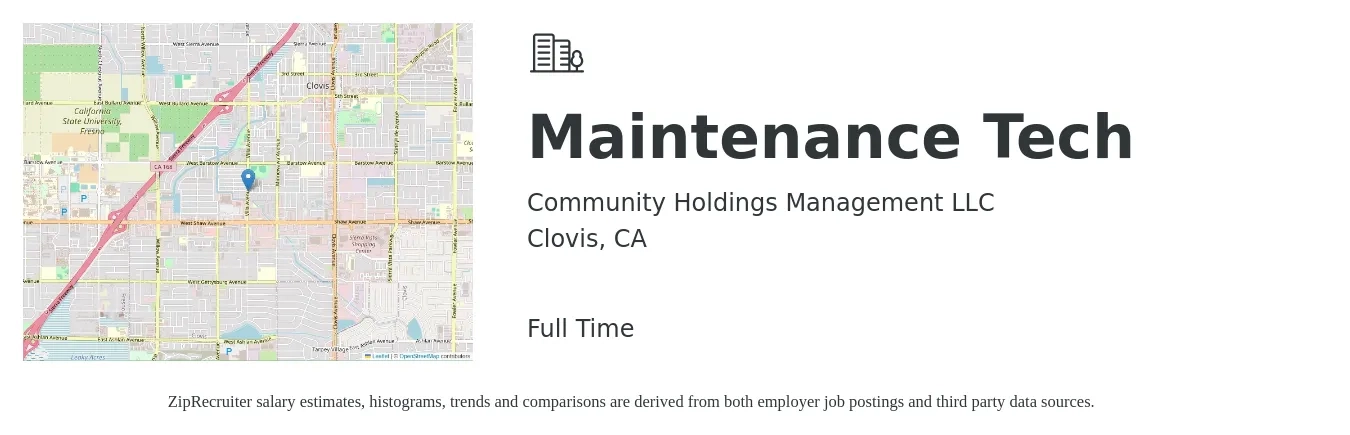 Community Holdings Management LLC job posting for a Maintenance Tech in Clovis, CA with a salary of $19 to $26 Hourly with a map of Clovis location.