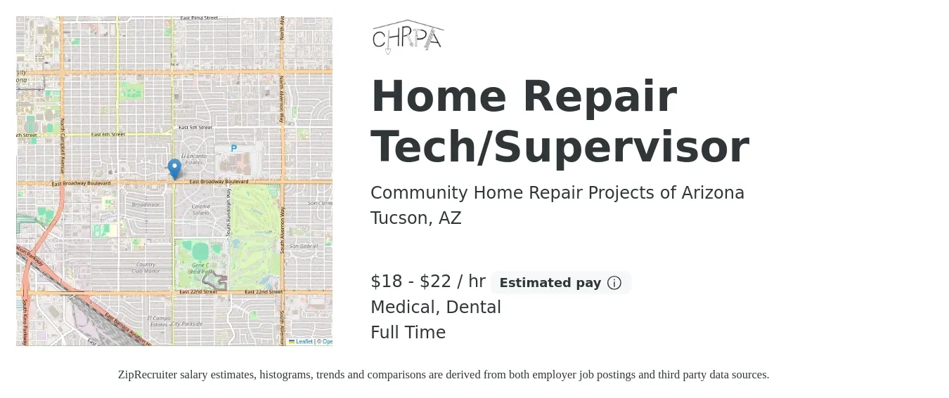 Community Home Repair Projects of Arizona job posting for a Home Repair Tech/Supervisor in Tucson, AZ with a salary of $19 to $23 Hourly and benefits including dental, medical, and retirement with a map of Tucson location.