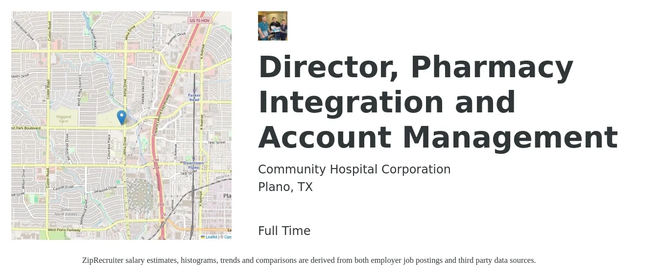 Community Hospital Corporation job posting for a Director, Pharmacy Integration and Account Management in Plano, TX with a map of Plano location.
