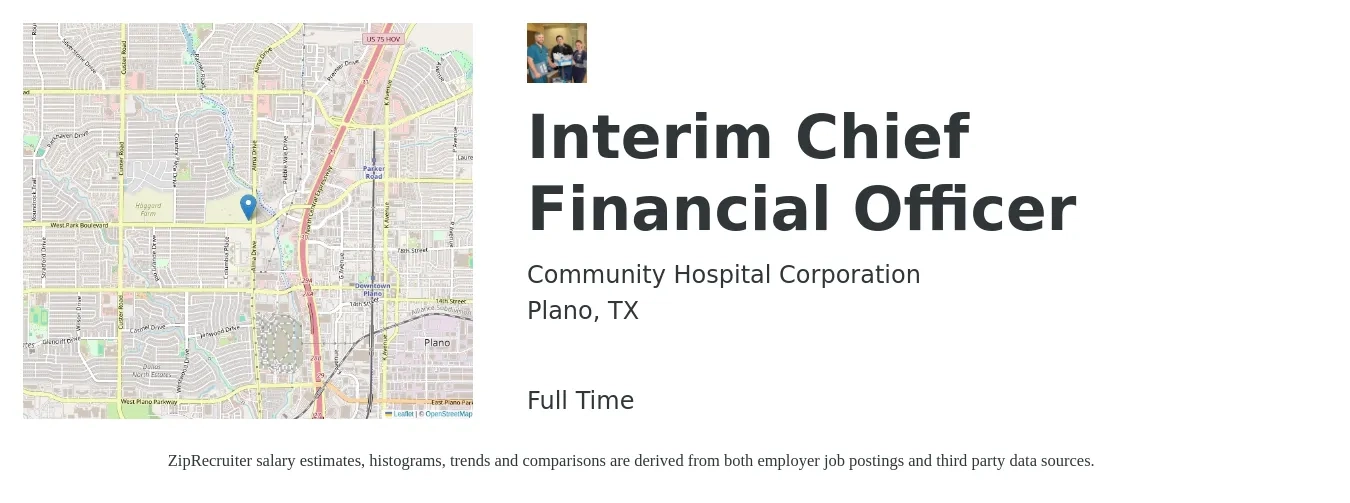 Community Hospital Corporation job posting for a Interim Chief Financial Officer in Plano, TX with a salary of $127,500 to $185,500 Yearly with a map of Plano location.