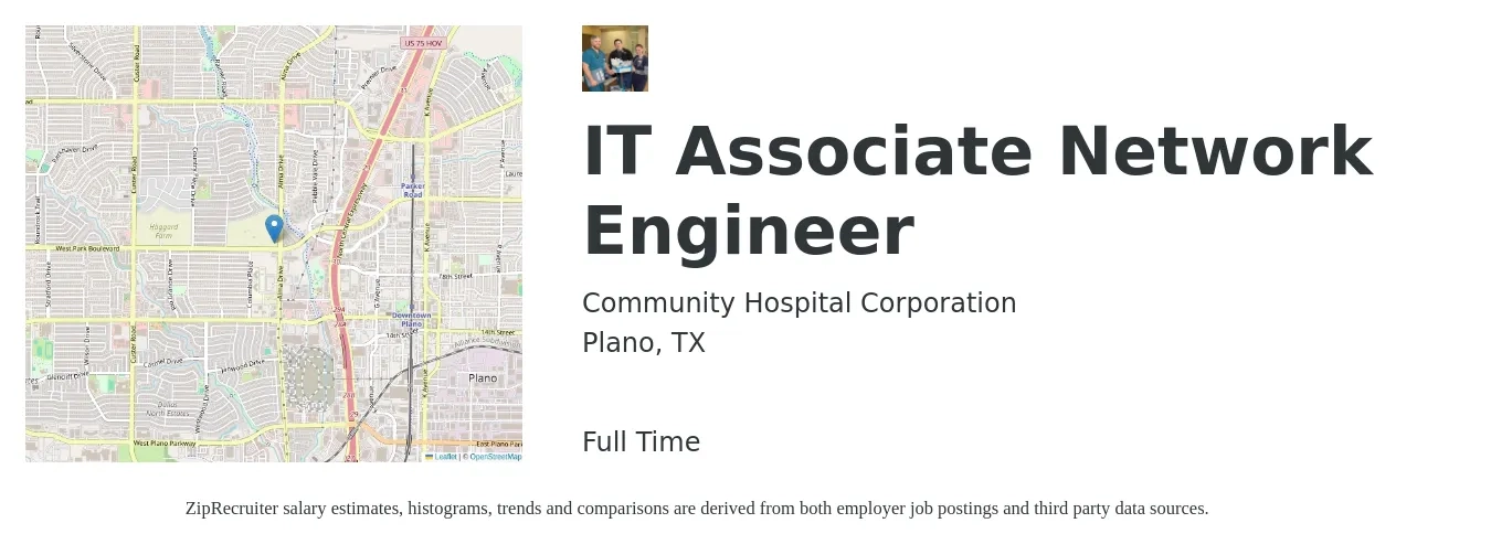 Community Hospital Corporation job posting for a IT, Associate Network Engineer in Plano, TX with a salary of $69,200 to $99,100 Yearly with a map of Plano location.